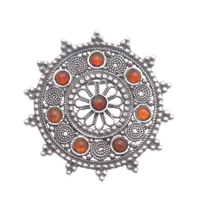 AZRIEL DAVID 925 Sterling Vintage Real Agate Fortune Wheel Oxidized Pin Pendant