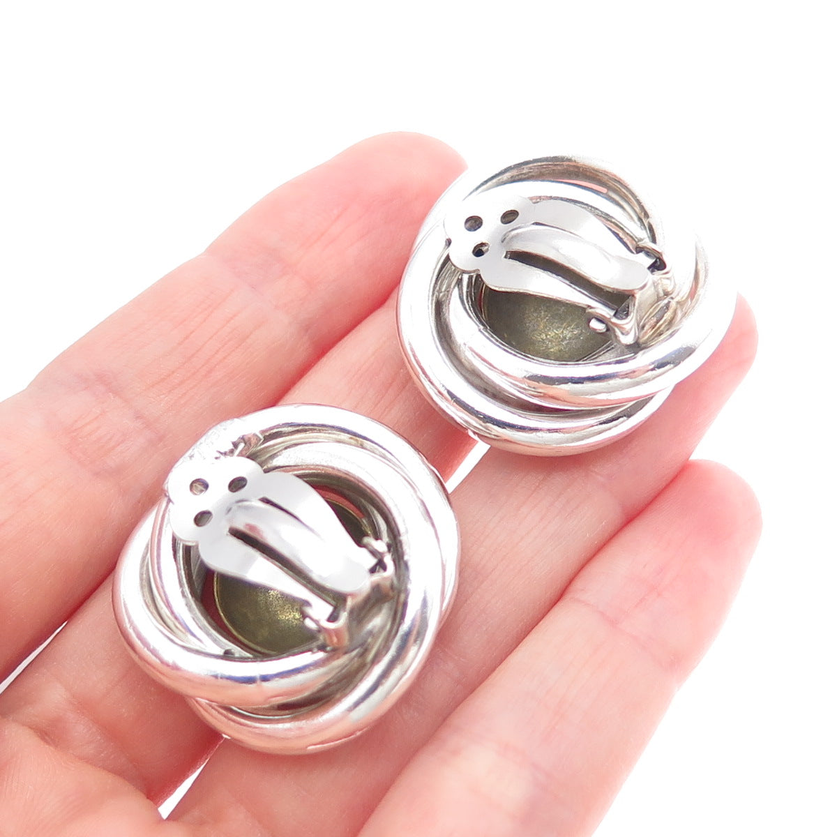 925 Sterling Silver 2-Tone Vintage Mexico Modernist Trinity Clip On Earrings