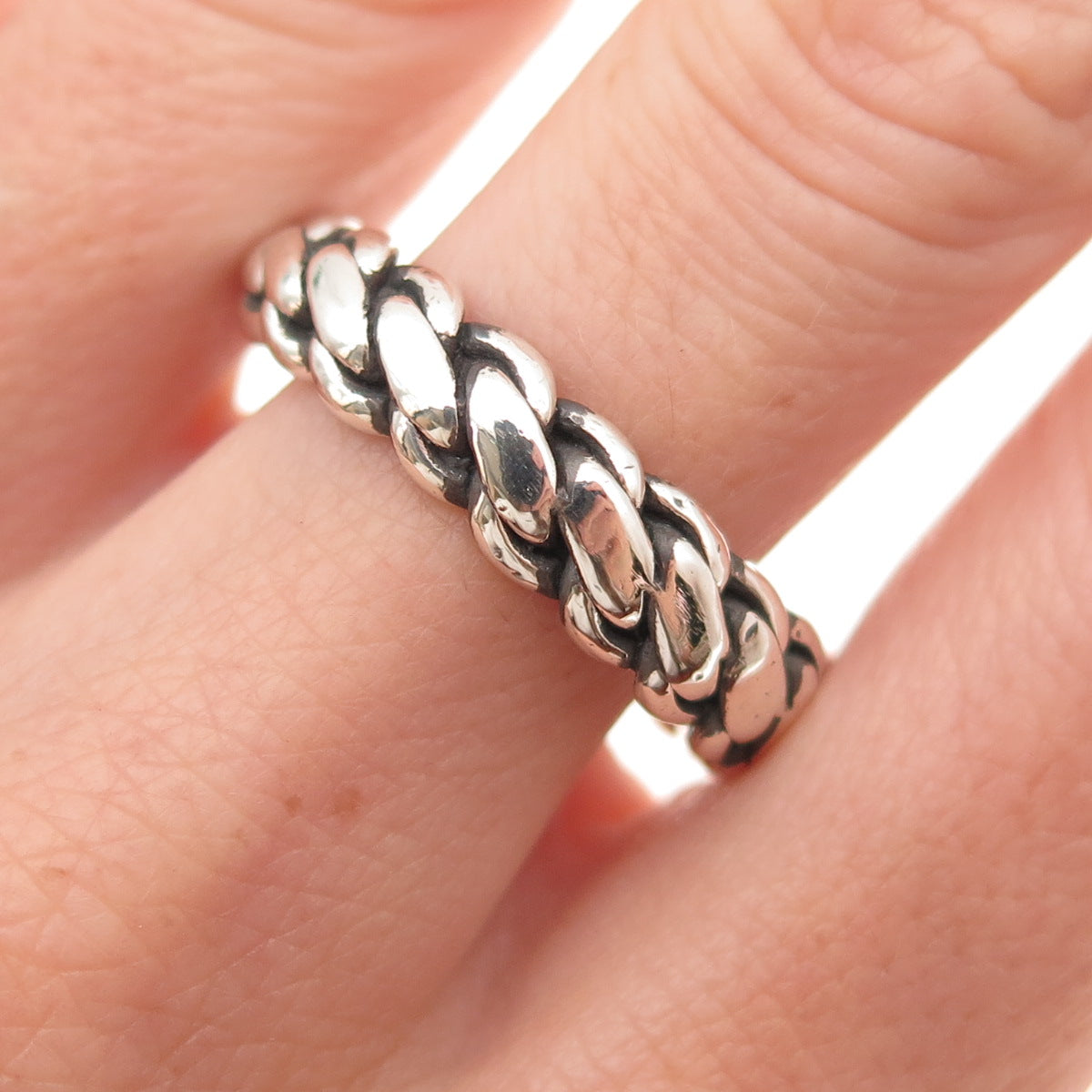 925 Sterling Silver Vintage Mexico Woven Oxidized Band Ring Size 11