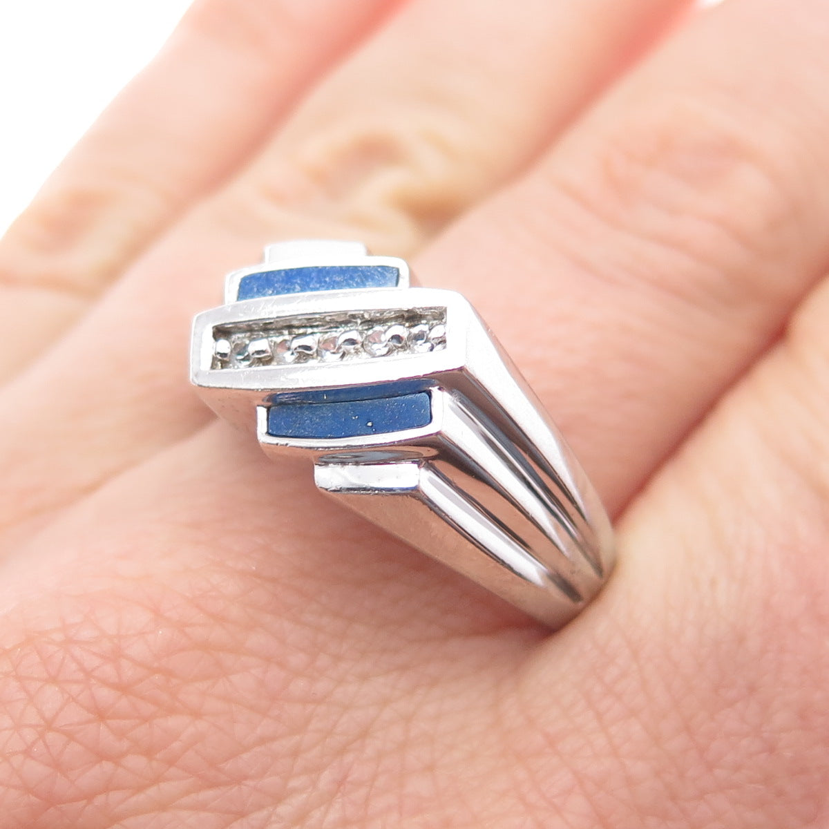 925 Sterling Silver Real Lapis Lazuli & White Topaz Modernist Ring Size 12.25