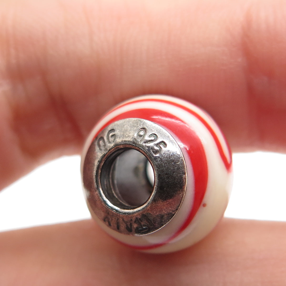 925 Sterling Silver QG Italy Red & White Murano Glass Bead Charm