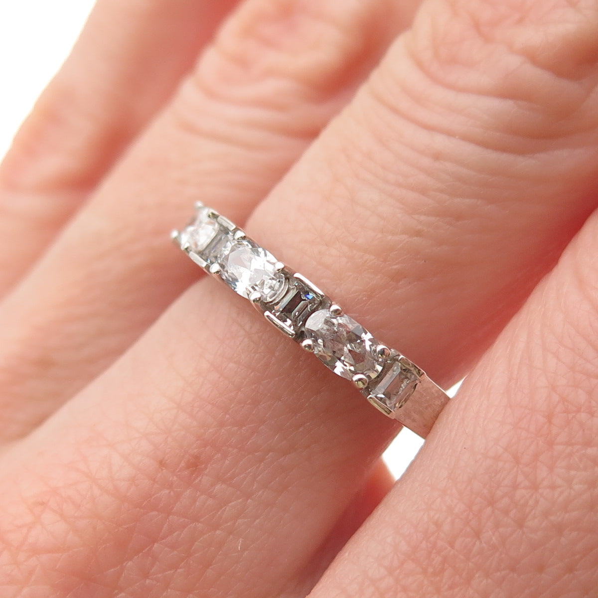 925 Sterling Silver Oval & Emerald-Cut C Z Half Eternity Band Ring Size 8.25