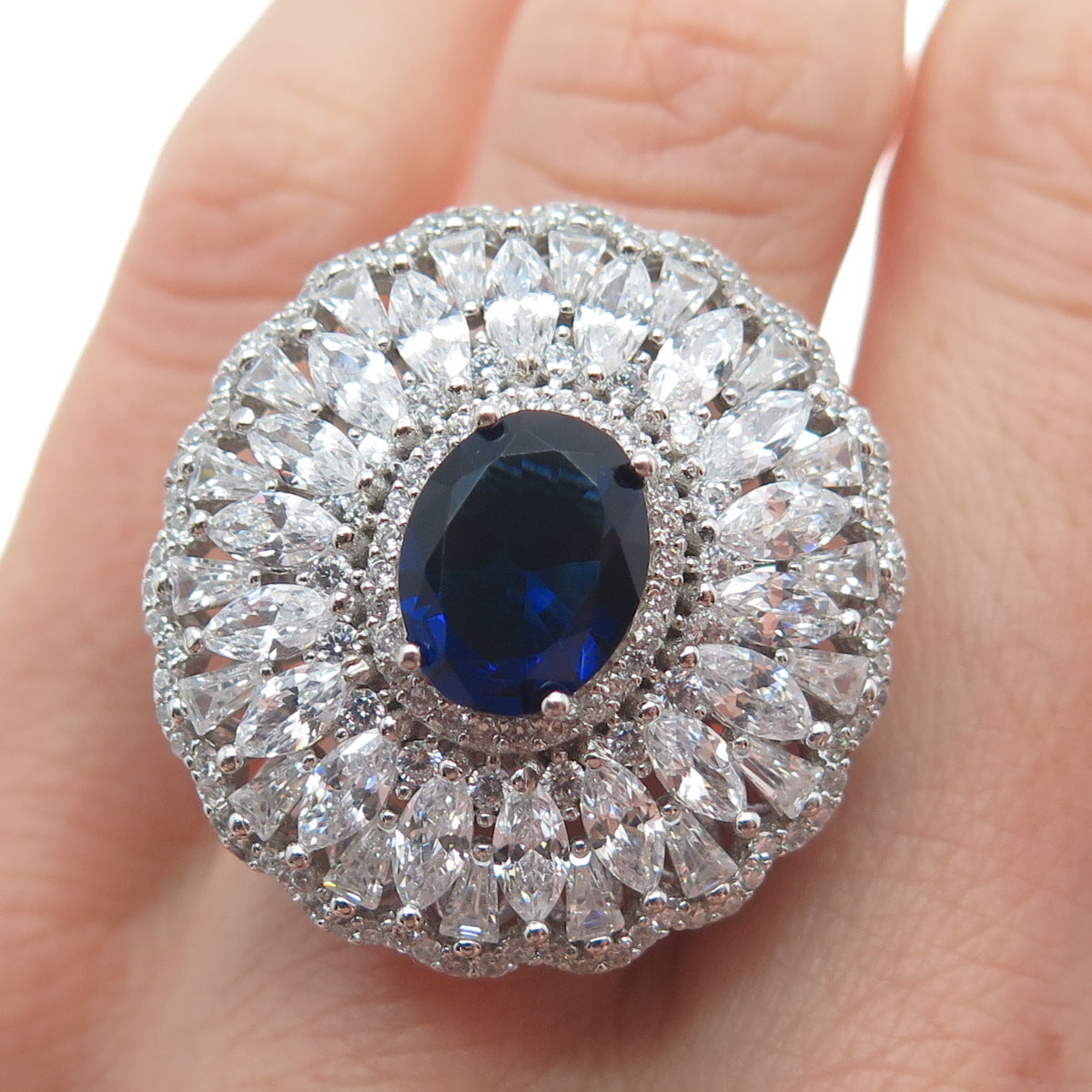 DSMK 925 Sterling Silver White & Blue Multi-C Z Cluster Statement Ring Size 7.25