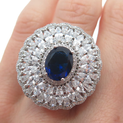 DSMK 925 Sterling Silver White & Blue Multi-C Z Cluster Statement Ring Size 7.25