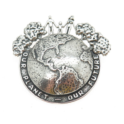 SILVER CLOUD 925 Sterling Silver Vintage "Our Planet - Our Future" Pin Brooch