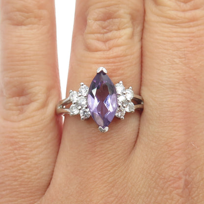 925 Sterling Silver Vintage Real Marquise-Cut Amethyst & White C Z Ring Size 7