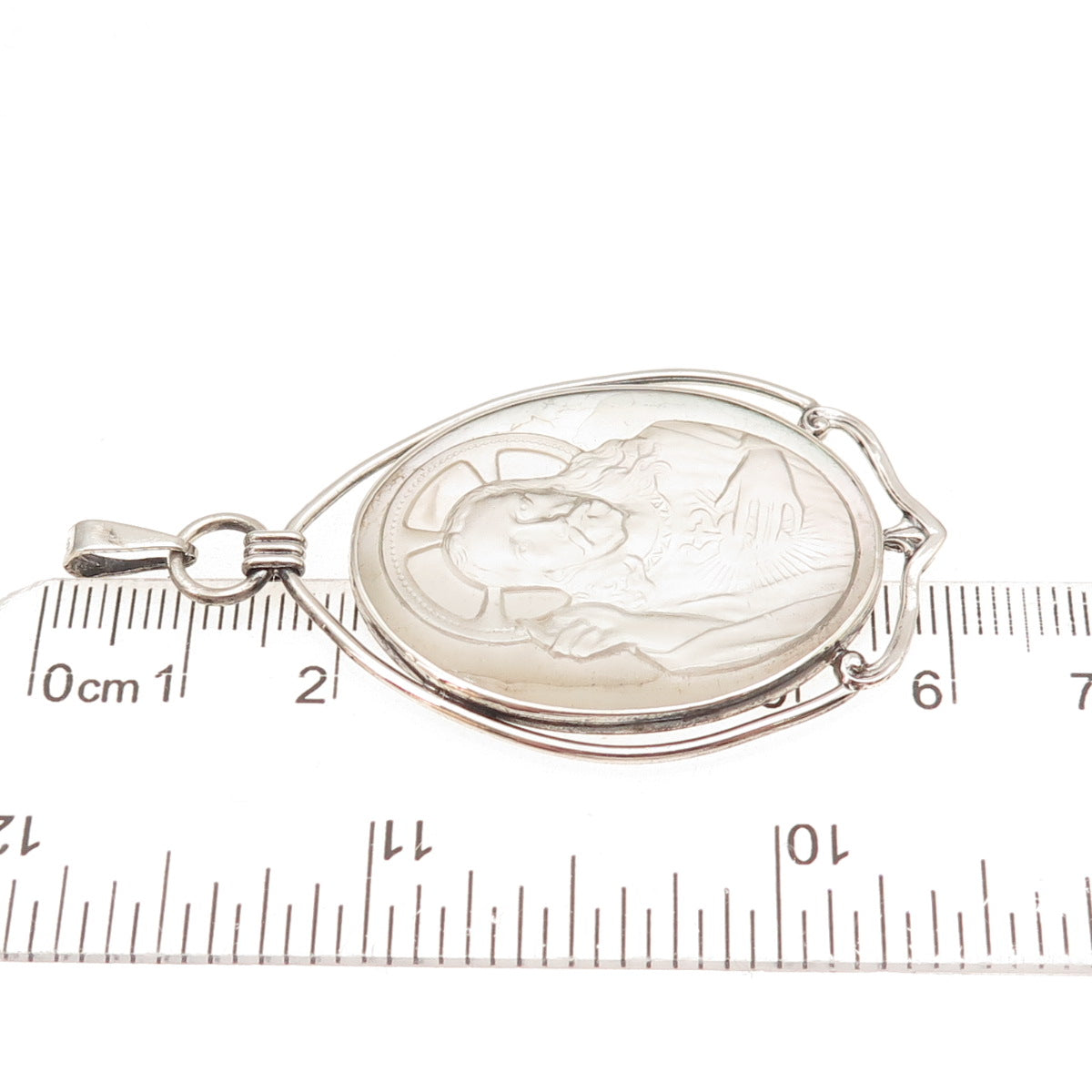 925 Sterling Silver Vintage Real Carved MOP Jesus Cameo Charm Pendant