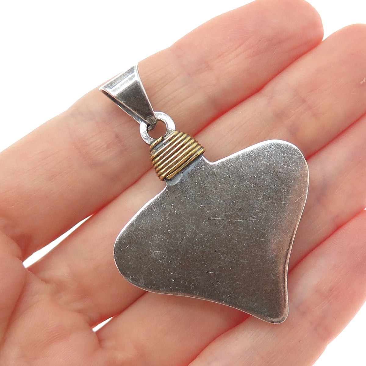 925 Sterling Silver 2-Tone Vintage Mexico Modernist Heart Oxidized Charm Pendant