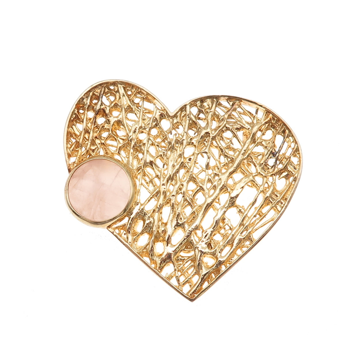 925 Sterling Silver Gold Plated Real Rose Quartz Modernist Heart Slide Pendant