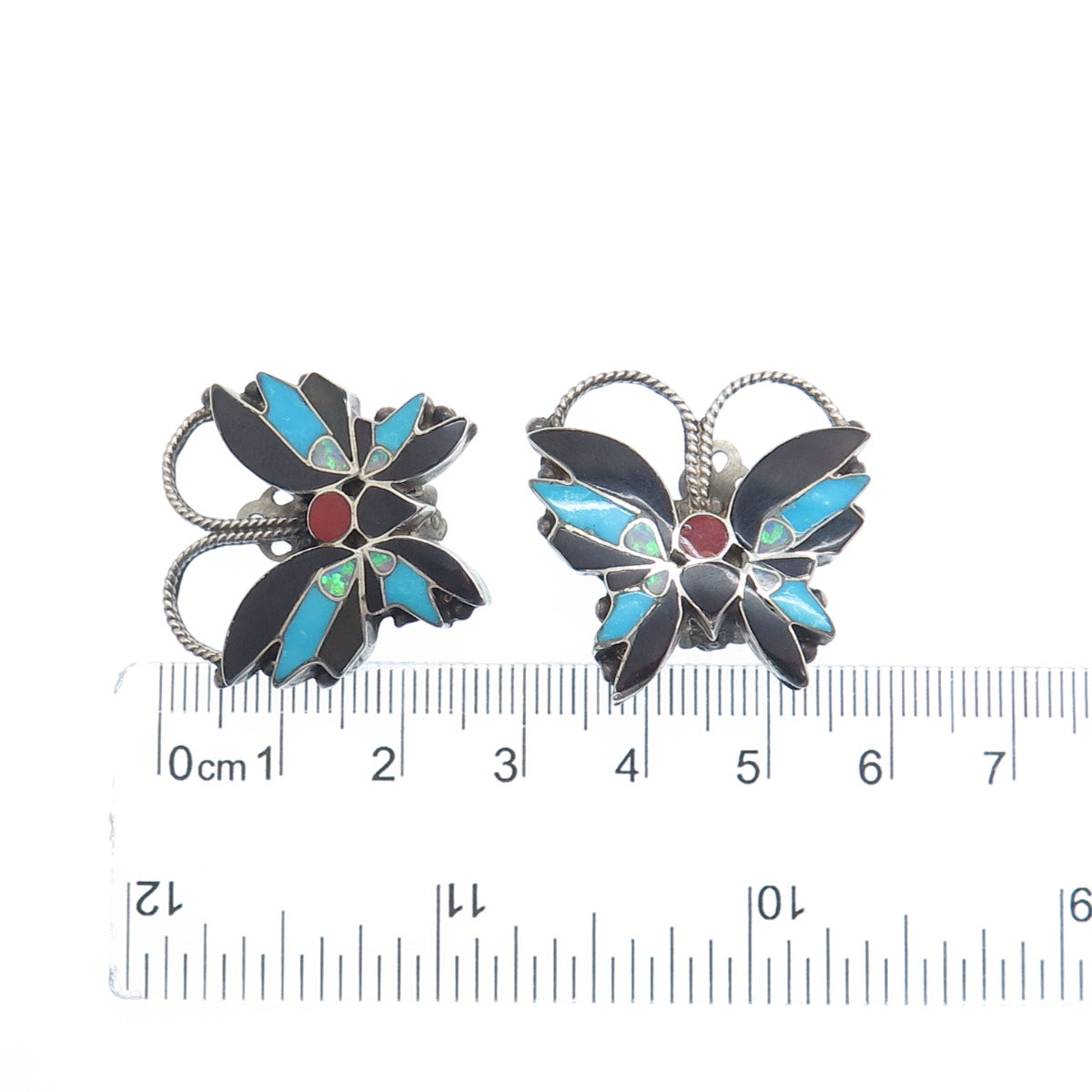 R WALLACE Old Pawn Sterling Opal Turquoise Coral Onyx Butterfly Clip On Earrings