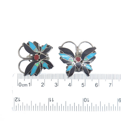 R WALLACE Old Pawn Sterling Opal Turquoise Coral Onyx Butterfly Clip On Earrings