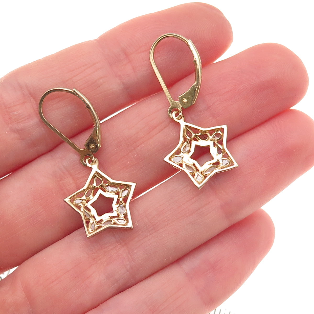 D'Joy 925 Sterling Silver Gold Plated Real Rose-Cut Diamond Star Dangle Earrings