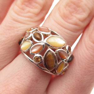 925 Sterling Silver Vintage Real Tiger Eye Citrine & MOP Cluster Ring Size 6