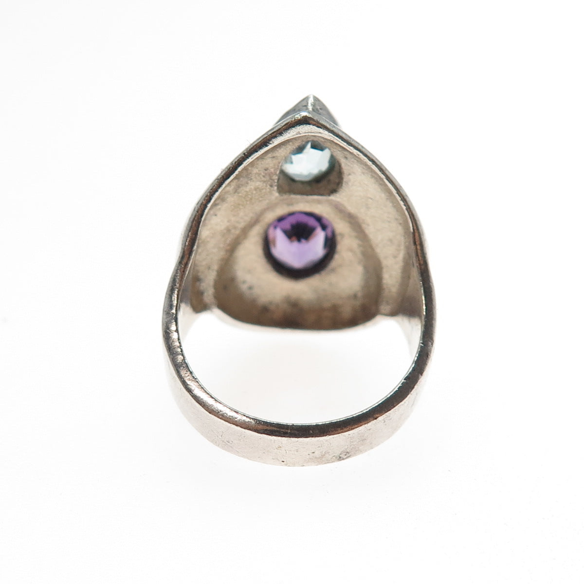 925 Sterling Silver Vintage Real Amethyst & Blue Topaz Modernist Ring Size 7