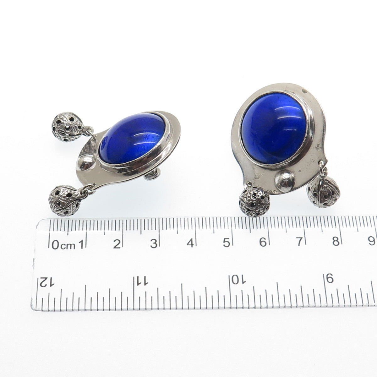HELEN LONG Old Pawn 925 Sterling Silver Vintage Blue Glass Screw Back Earrings