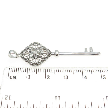 925 Sterling Silver Real Round-Cut Diamond Floral Key Pendant