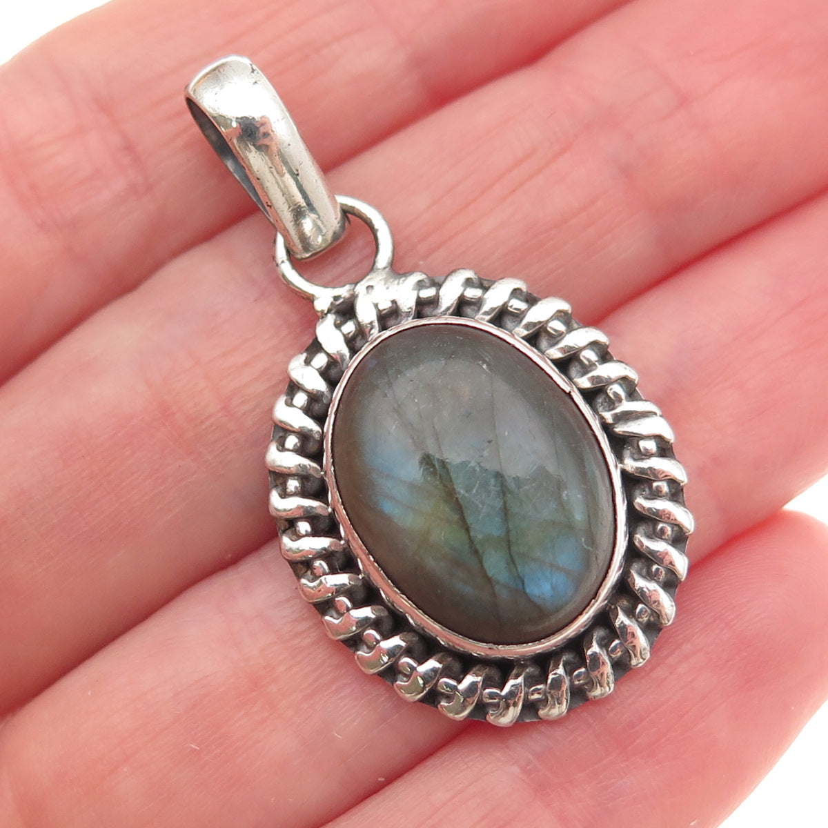 925 Sterling Silver Vintage Real Labradorite Modernist Oxidized Charm Pendant