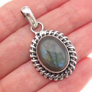 925 Sterling Silver Vintage Real Labradorite Modernist Oxidized Charm Pendant