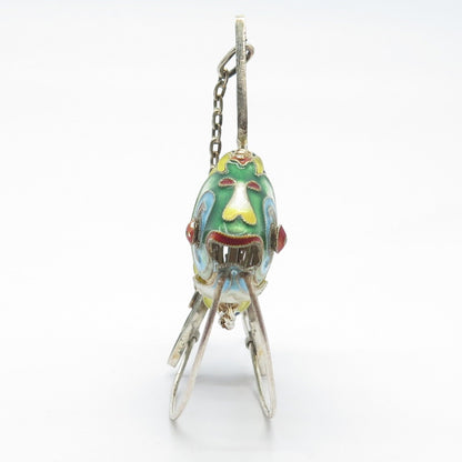925 Sterling Silver Antique Enamel Articulated Chinese Koi Fish Chatelaine Fob