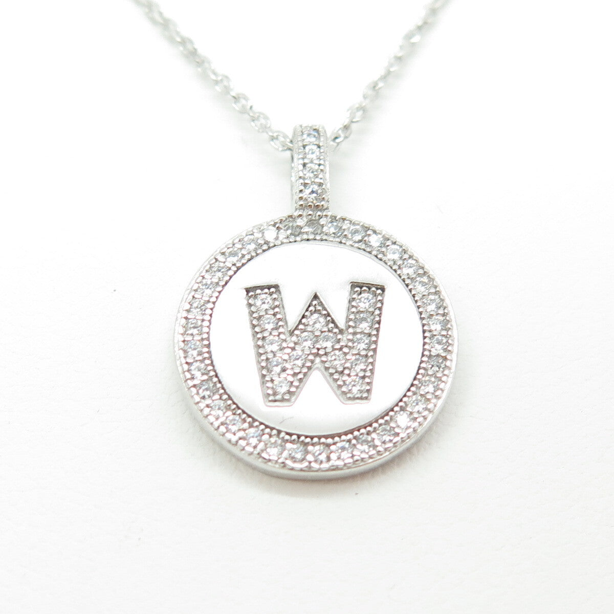 925 Sterling Silver Italy Round-Cut C Z Letter "W" Cable Chain Necklace 16"