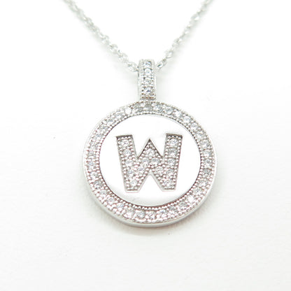 925 Sterling Silver Italy Round-Cut C Z Letter "W" Cable Chain Necklace 16"