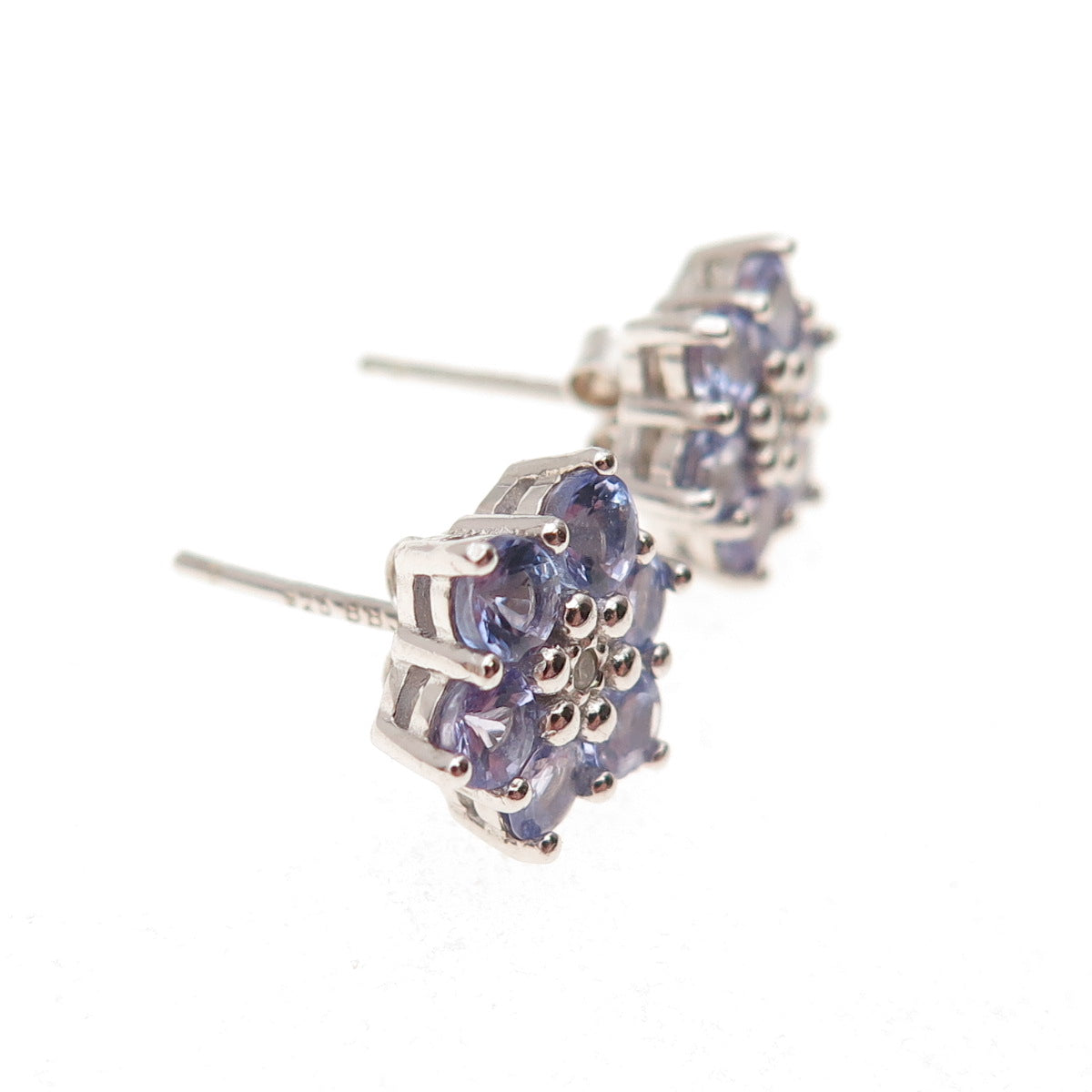 925 Sterling Silver Real Round-Cut Diamond & Tanzanite Floral Stud Earrings