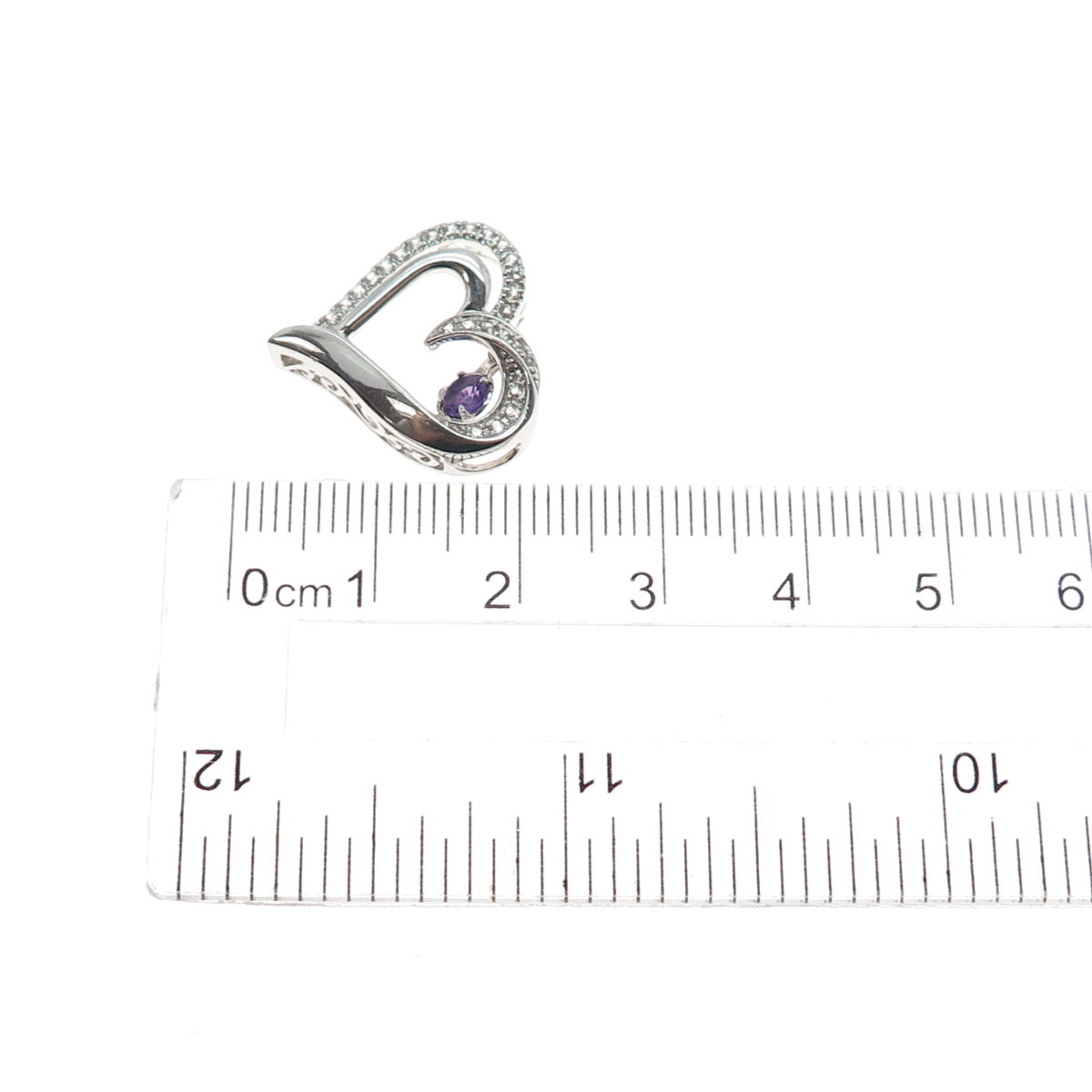 925 Sterling Silver Real Amethyst & White Topaz Heart Mini Slide Charm Pendant