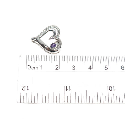 925 Sterling Silver Real Amethyst & White Topaz Heart Mini Slide Charm Pendant