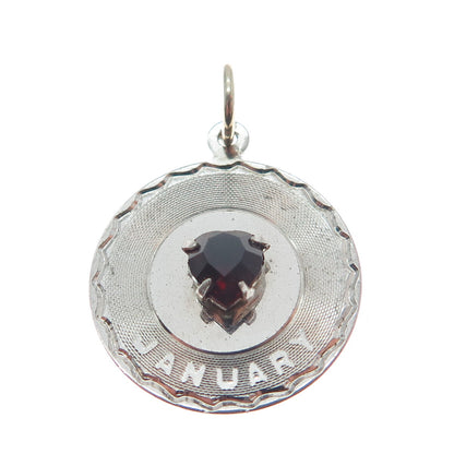 SPENCER CO. 925 Sterling Silver Vintage Red Garnet Gem "January" Round Pendant