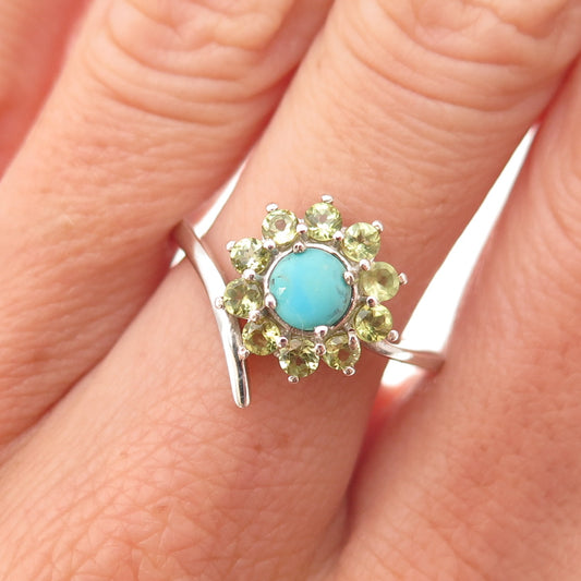 Chuck Clemency 925 Sterling Silver Real Turquoise & Peridot Floral Ring Size 8