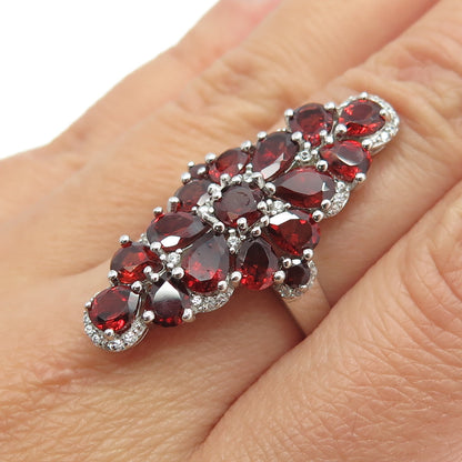 925 Sterling Silver Real White Topaz & Red Garnet Gemstone Statement Ring Size 7