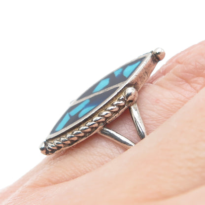 925 Sterling Silver Vintage Southwestern Turquoise Inlay Oxidized Ring Size 6.5