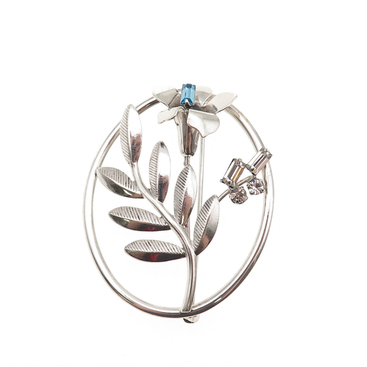 Carl Art 925 Sterling Silver Vintage Blue & White Rhinestone Floral Pin Brooch