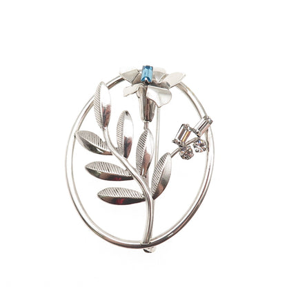 Carl Art 925 Sterling Silver Vintage Blue & White Rhinestone Floral Pin Brooch