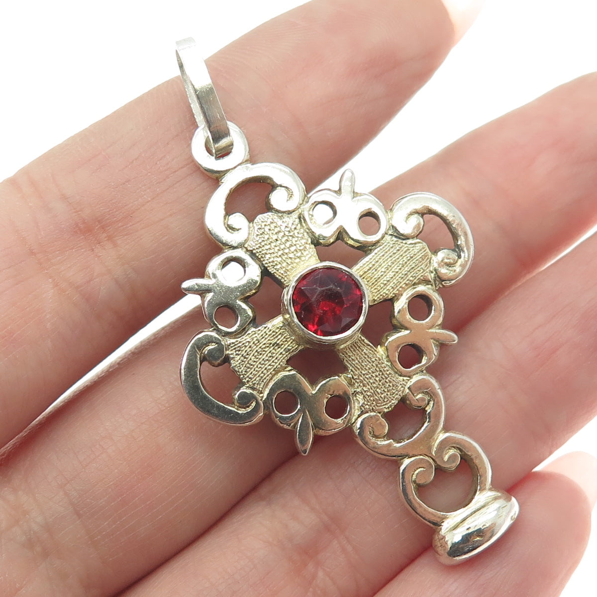 925 Sterling Silver 2-Tone Antique Red Rhinestone Cross Ornate Pendant