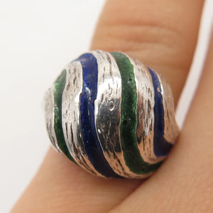 925 Sterling Silver Vintage Enamel Striped Domed Ring Size 6.25