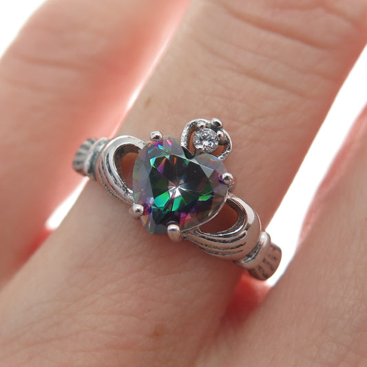 925 Sterling Silver Heart-Cut Mystic Quartz & C Z Irish Claddagh Ring Size 5