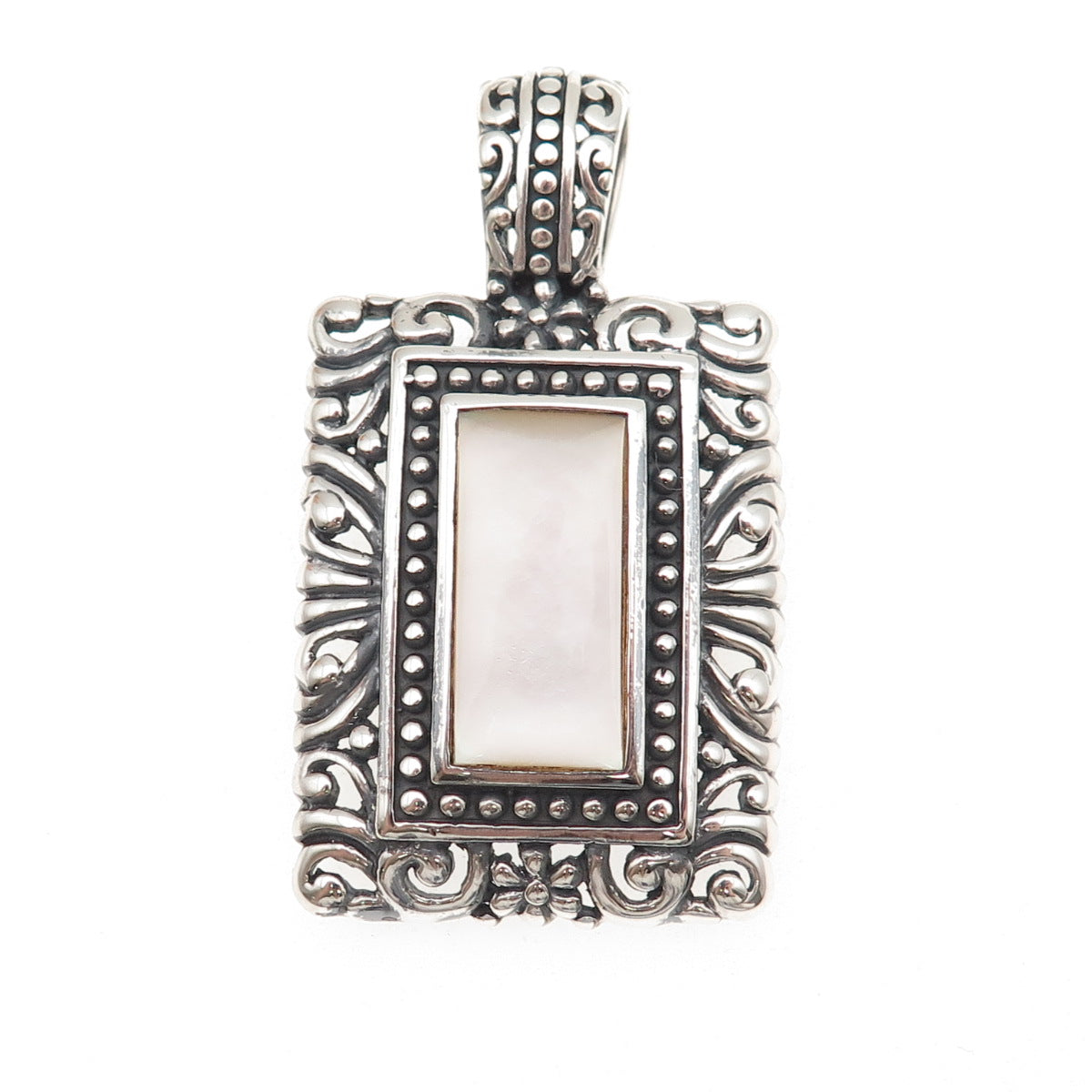 Ken Crafts 925 Sterling Silver Vintage Real MOP Floral Oxidized Pendant