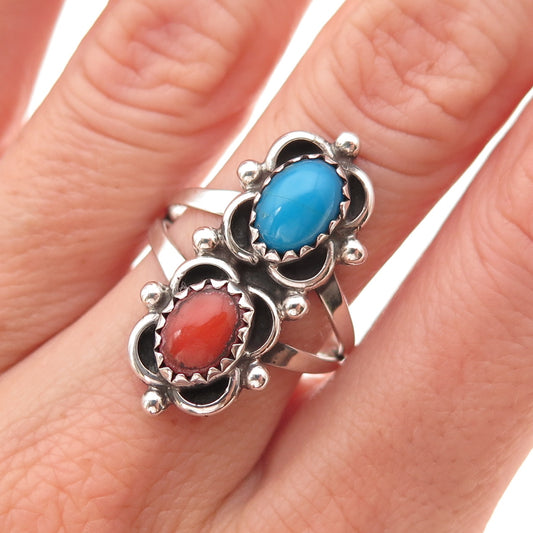 Old Pawn 925 Sterling Silver Vintage Southwestern Turquoise & Coral Ring Size 8