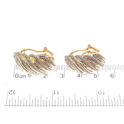 SUN 925 Sterling Silver Gold Plated Real White Diamond Wavy Omega Back Earrings