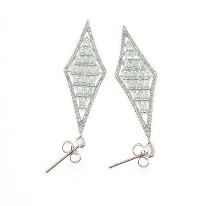 925 Sterling Silver Emerald-Cut Shaped C Z Rhombus Elongated Dangling Earrings