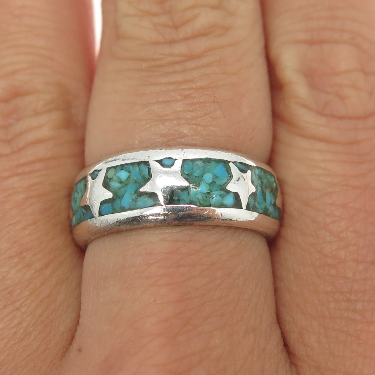 925 Sterling Silver Vintage Southwestern Navajo Turquoise Gem Band Ring Size 7.5