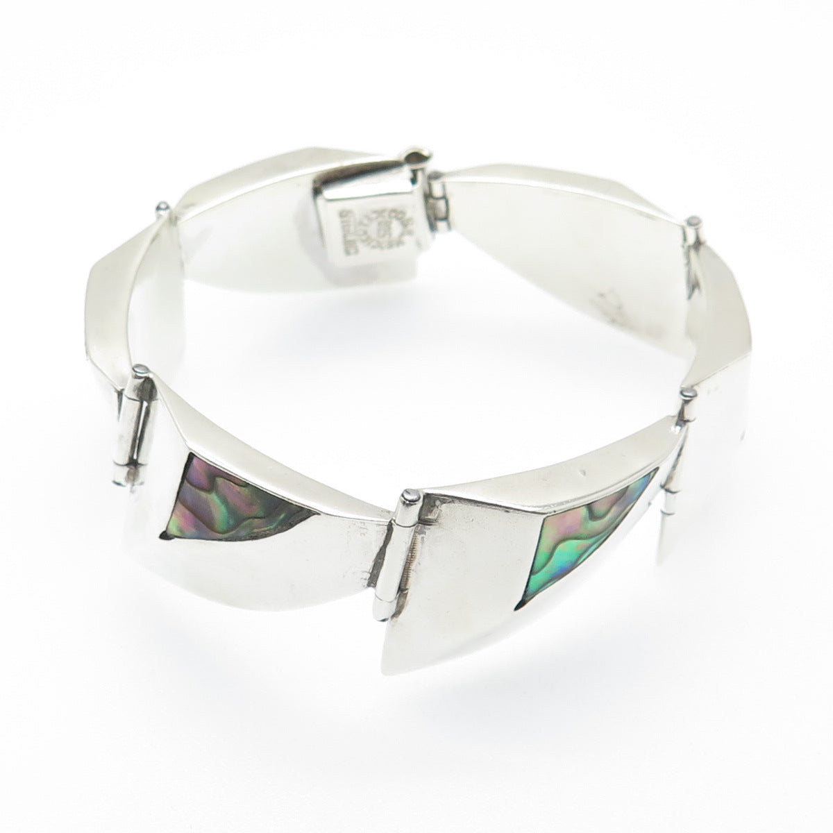 925 Sterling Silver Vintage Mexico Real Abalone Shell Modernist Bracelet 6"