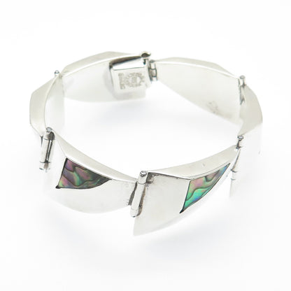 925 Sterling Silver Vintage Mexico Real Abalone Shell Modernist Bracelet 6"