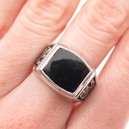 925 Sterling Silver Vintage Real Black Onyx 3M 20 Years Oxidized Ring Size 8.5