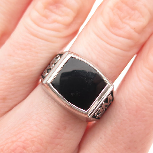 925 Sterling Silver Vintage Real Black Onyx 3M 20 Years Oxidized Ring Size 8.5