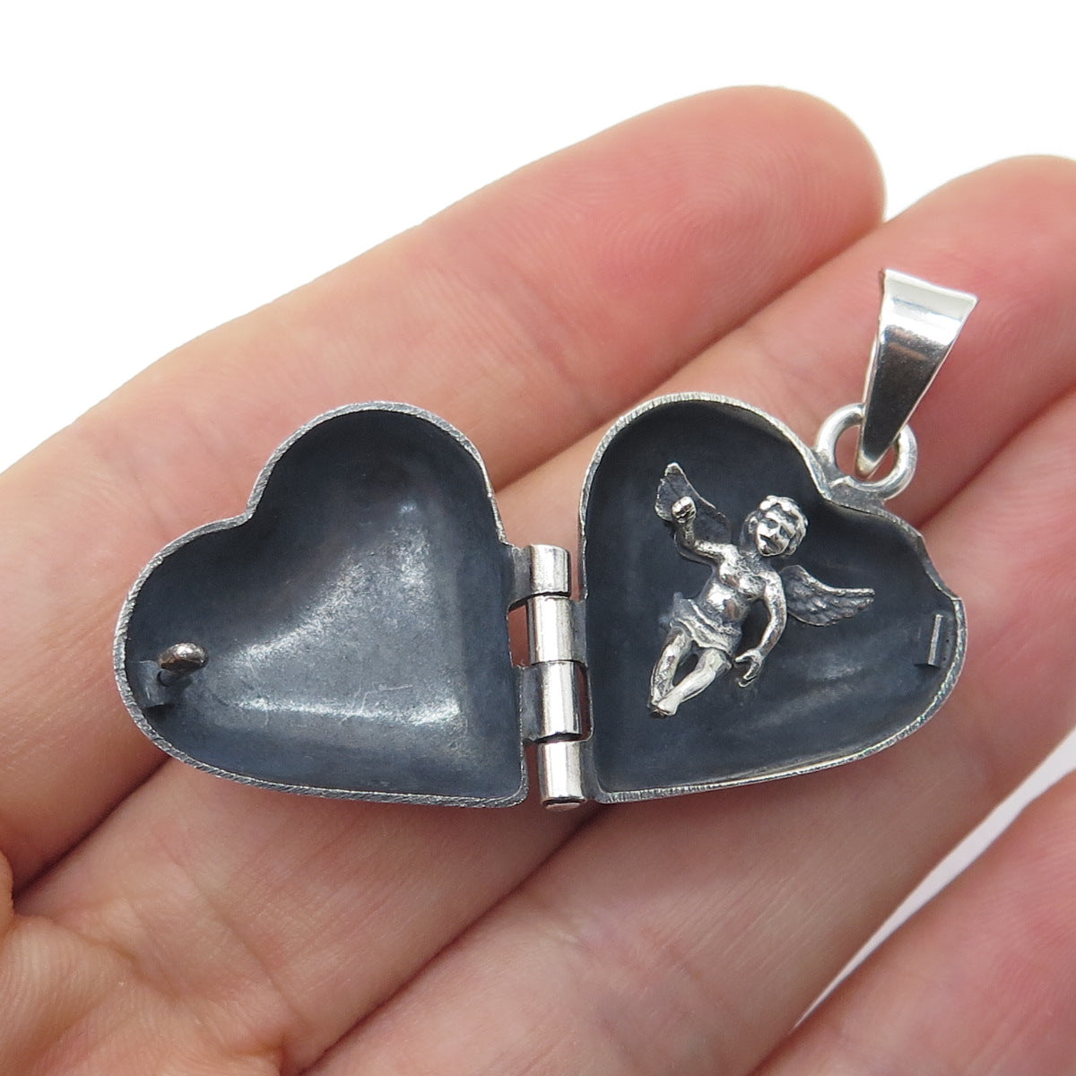 925 Sterling Silver Vintage Cherub Heart Locket Oxidized Pendant