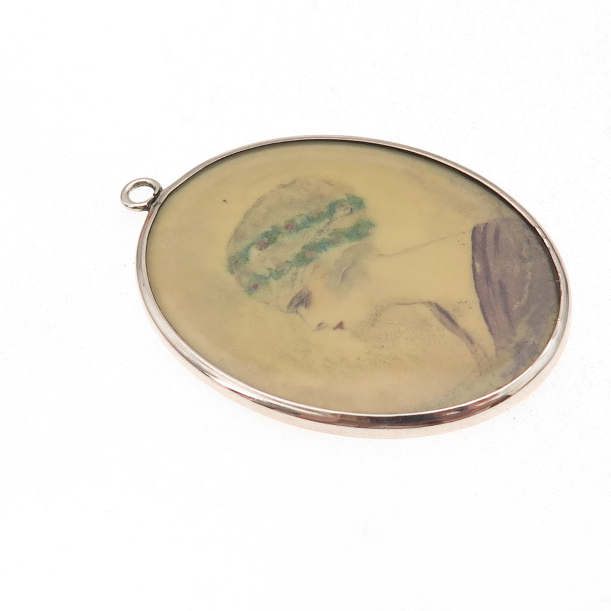 925 Sterling Silver Antique Art Deco Dutch Female Portrait Hand-Painted Pendant