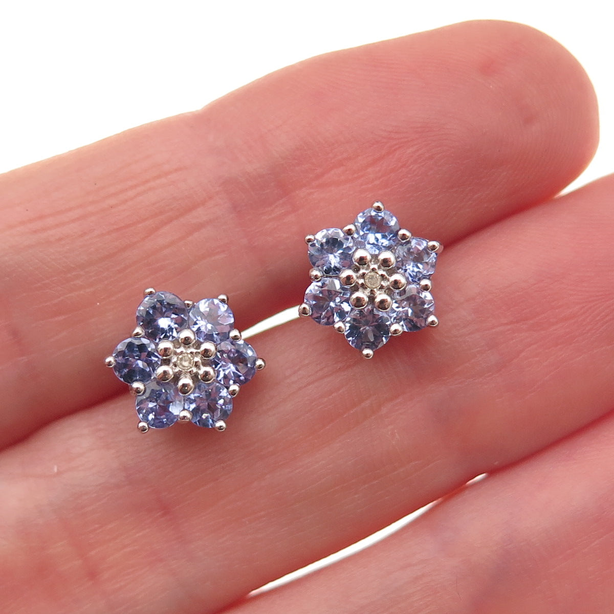 925 Sterling Silver Real Round-Cut Diamond & Tanzanite Floral Stud Earrings
