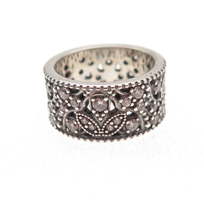 Pandora 925 Sterling Silver Round-Cut C Z Shimmering Leaves Ring Size 5.5